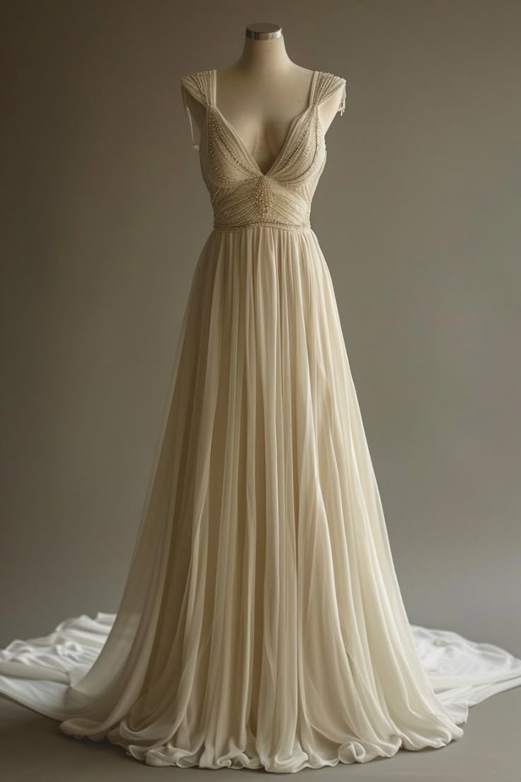 Off-White A-Line V-Neck Chiffon Beaded Long Prom Dress Simple Wedding Dress Bridesmaid Dresses