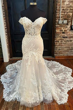 Beige Appliques Off The Shoulder Trumpet Long Wedding Dresses Beautiful