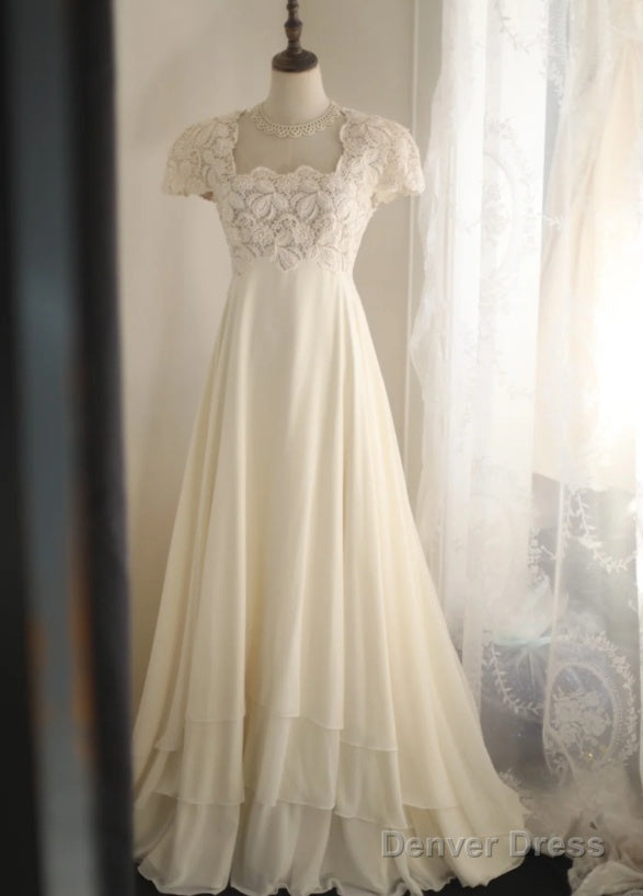 Beige Square Neck Chiffon Lace Empire Dress Long Prom Dress Beaded Wedding Dresses