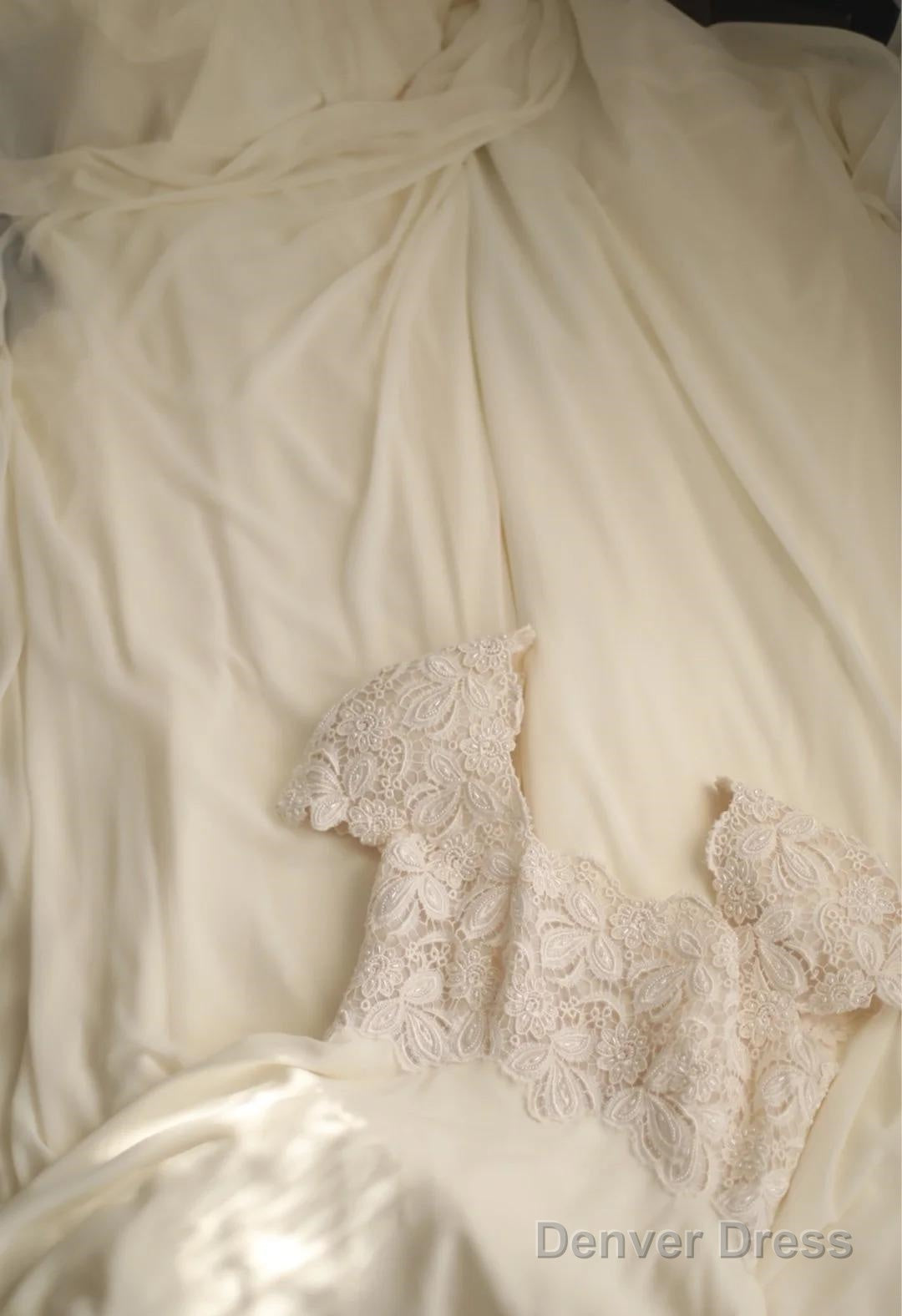 Beige Square Neck Chiffon Lace Empire Dress Long Prom Dress Beaded Wedding Dress