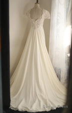 Beige Square Neck Chiffon Lace Empire Dress Long Prom Dress Beaded Wedding Dresses