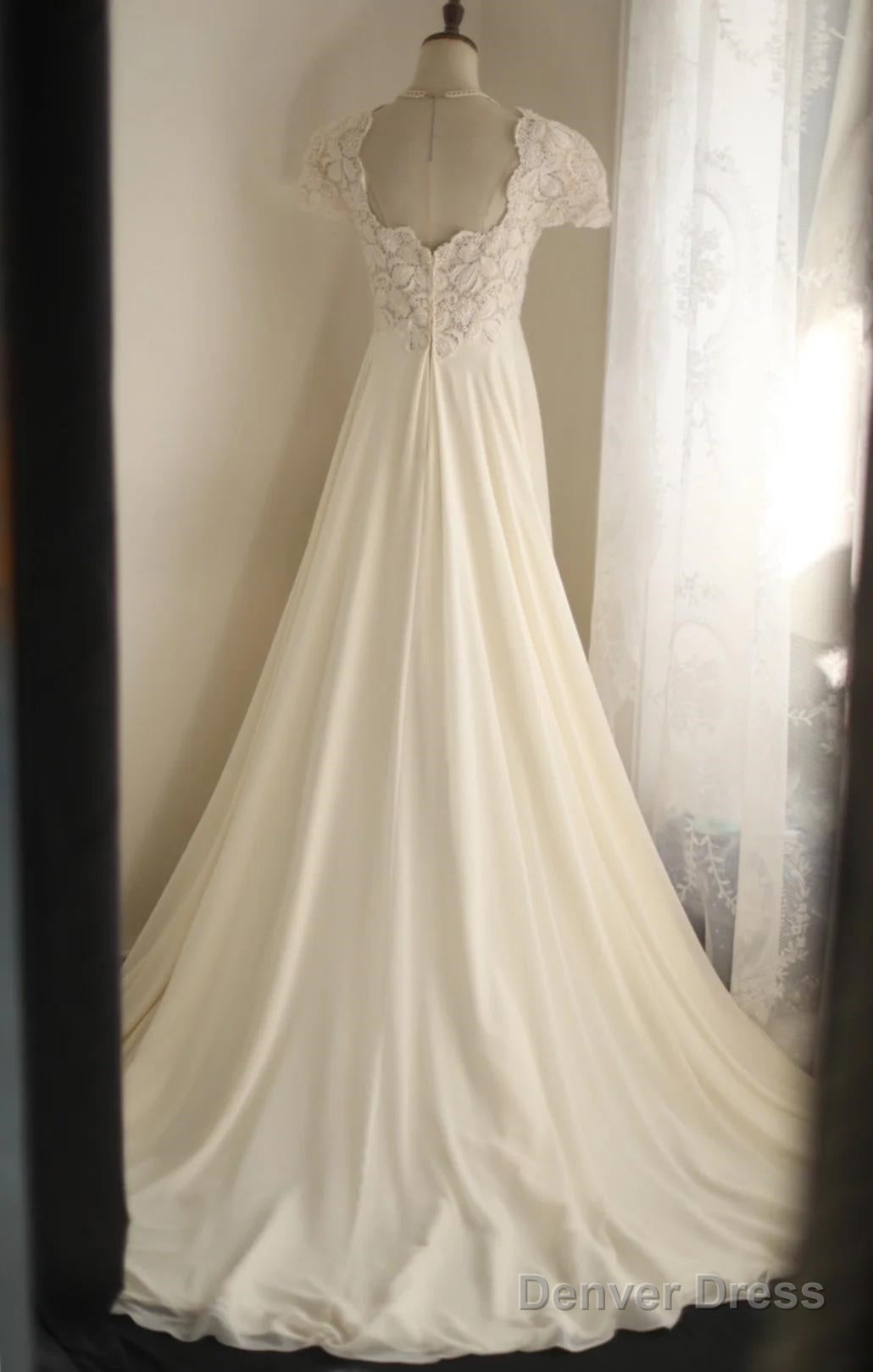 Beige Square Neck Chiffon Lace Empire Dress Long Prom Dress Beaded Wedding Dresses