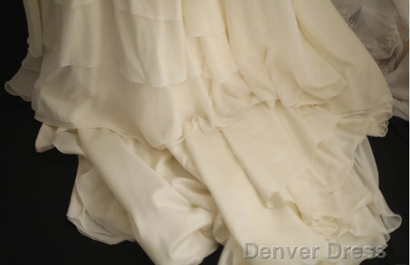 Beige Square Neck Chiffon Lace Empire Dress Long Prom Dress Beaded Wedding Dresses