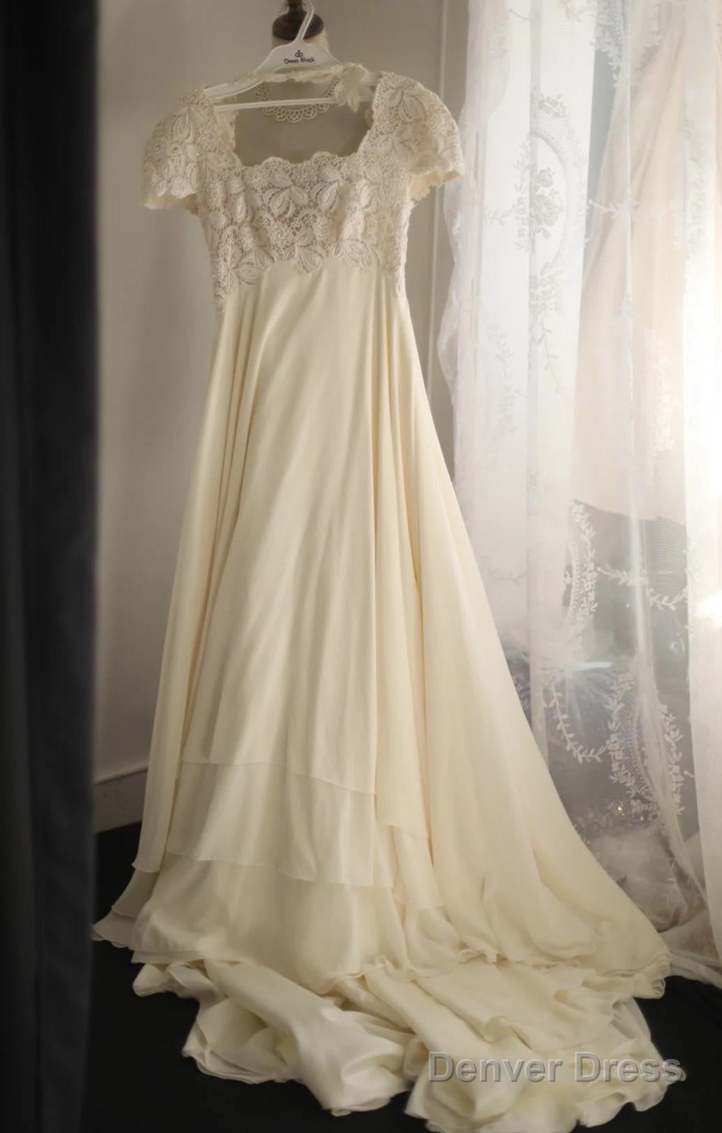 Beige Square Neck Chiffon Lace Empire Dress Long Prom Dress Beaded Wedding Dresses