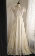 Beige Square Neck Chiffon Lace Empire Dress Long Prom Dress Beaded Wedding Dress