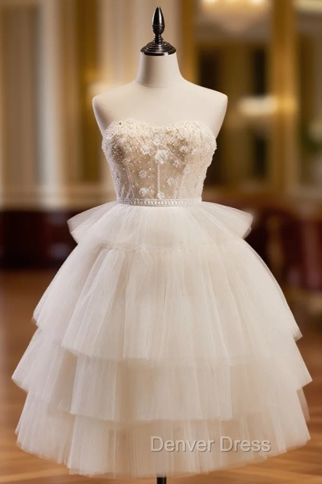 Beige Sweetheart Neck Tulle Puffy Short Prom Dresses, Beige Homecoming Dresses Main image