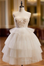 Beige Sweetheart Neck Tulle Puffy Short Prom Dresses, Beige Homecoming Dresses