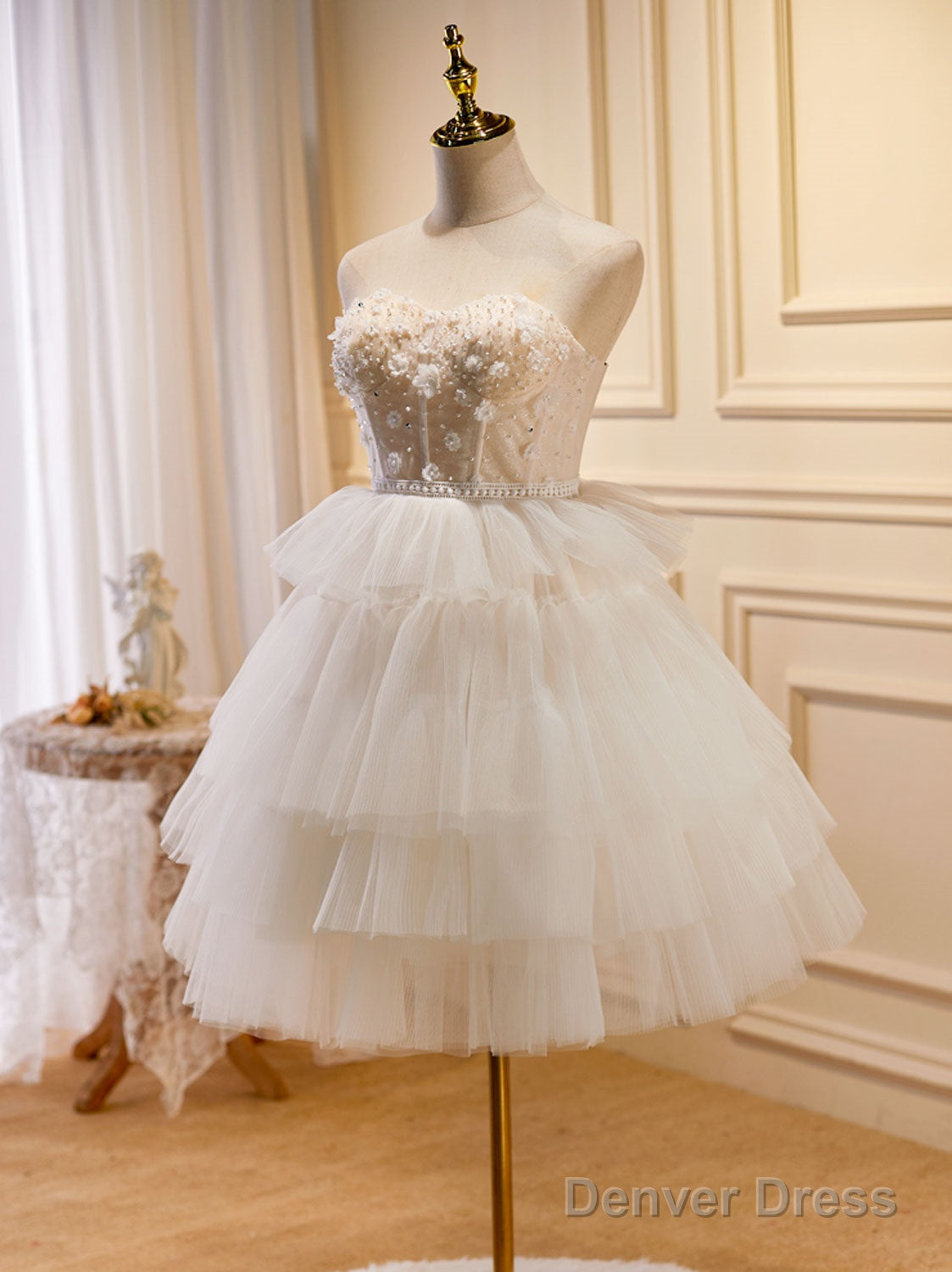 Beige Sweetheart Neck Tulle Short Prom Dress, Beige Homecoming Dresses