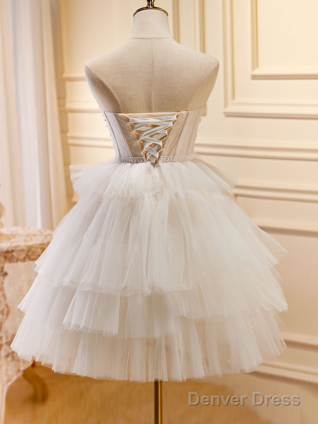 Beige Sweetheart Neck Tulle Short Prom Dress, Beige Homecoming Dresses