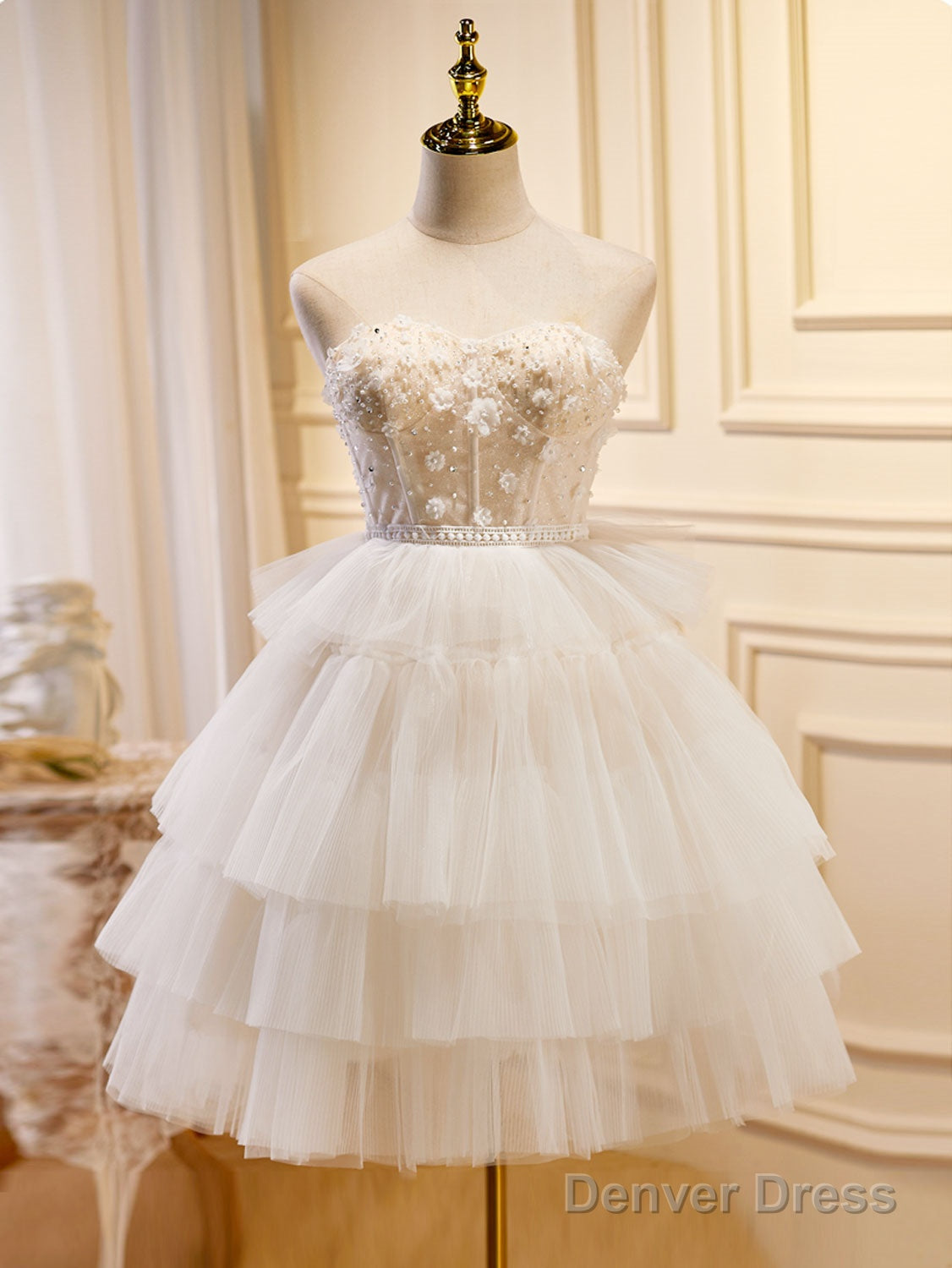 Beige Sweetheart Neck Tulle Short Prom Dress, Beige Homecoming Dresses Main image