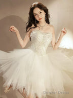 Beige Tulle Short Prom Dress, Sequin Tulle Cute Homecoming Dresses
