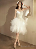 Beige Tulle Short Prom Dress, Sequin Tulle Cute Homecoming Dresses