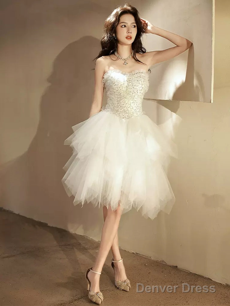 Beige Tulle Short Prom Dress, Sequin Tulle Cute Homecoming Dresses