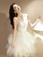 Beige Tulle Short Prom Dress, Sequin Tulle Cute Homecoming Dresses