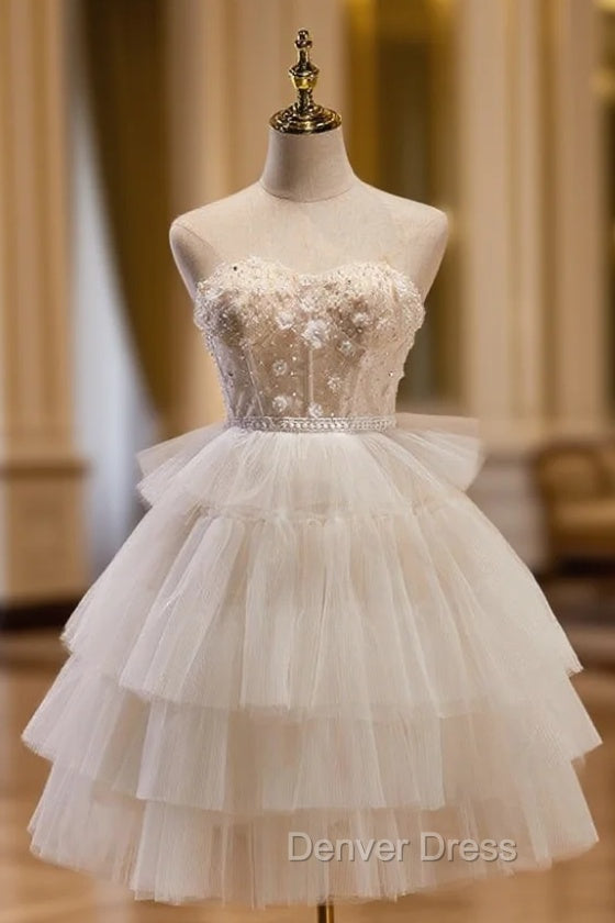 Beige Tulle Sweetheart Beading Flower Homecoming Dresses