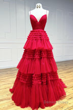 Beige Tulle Tiered Spaghetti Straps Long Prom Dresses with Slit