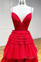 Beige Tulle Tiered Spaghetti Straps Long Prom Dresses with Slit