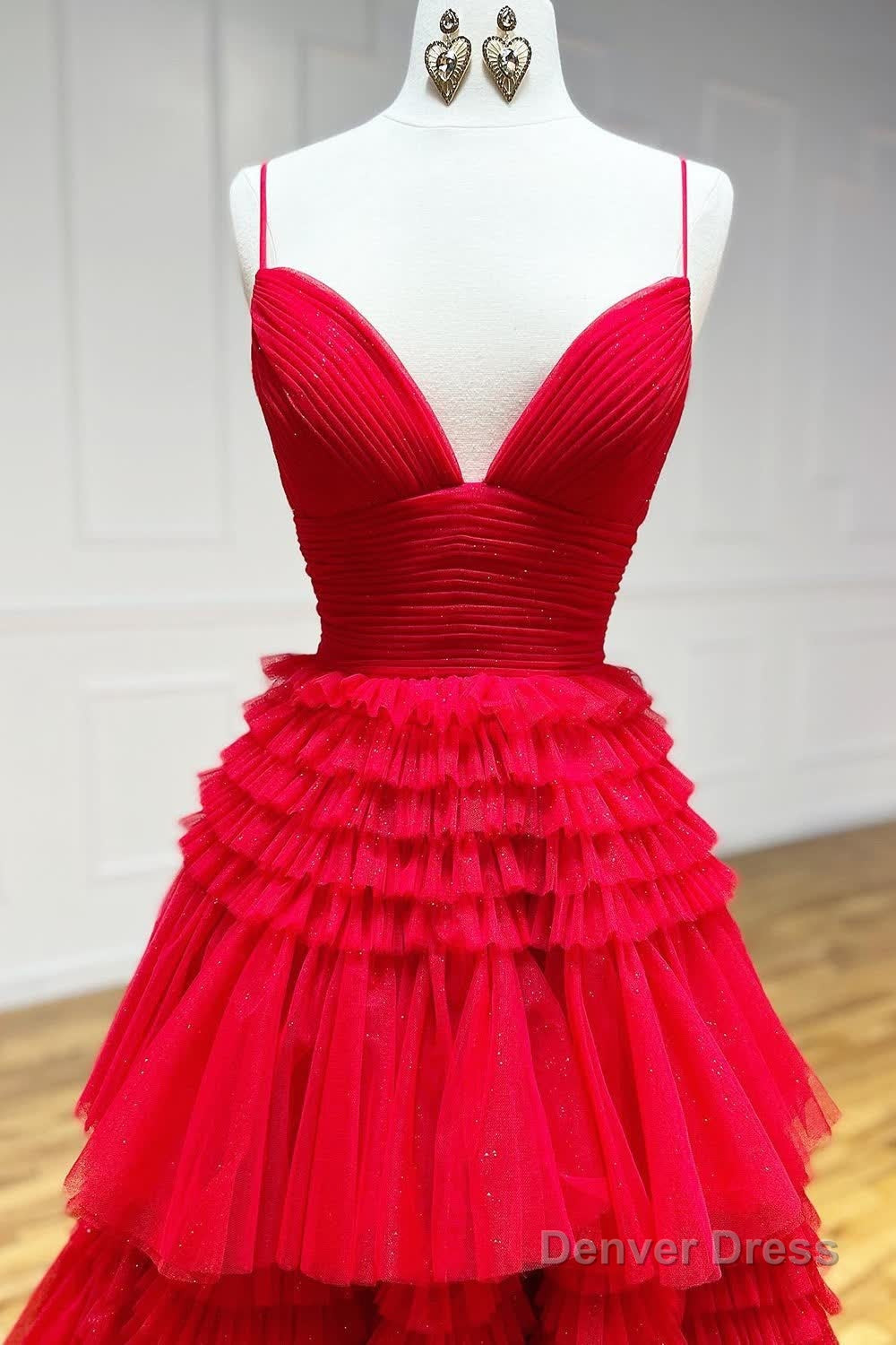 Beige Tulle Tiered Spaghetti Straps Long Prom Dresses with Slit