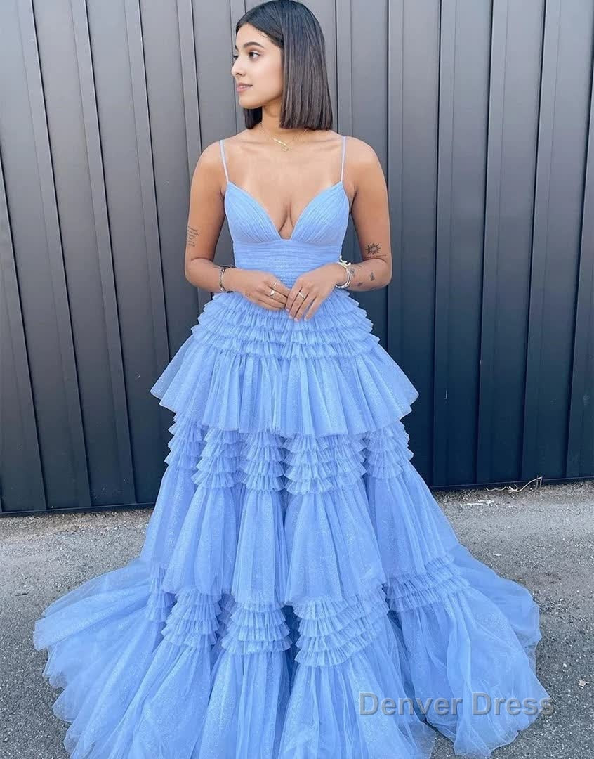 Beige Tulle Tiered Spaghetti Straps Long Prom Dresses with Slit