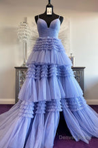 Beige Tulle Tiered Spaghetti Straps Long Prom Dresses with Slit
