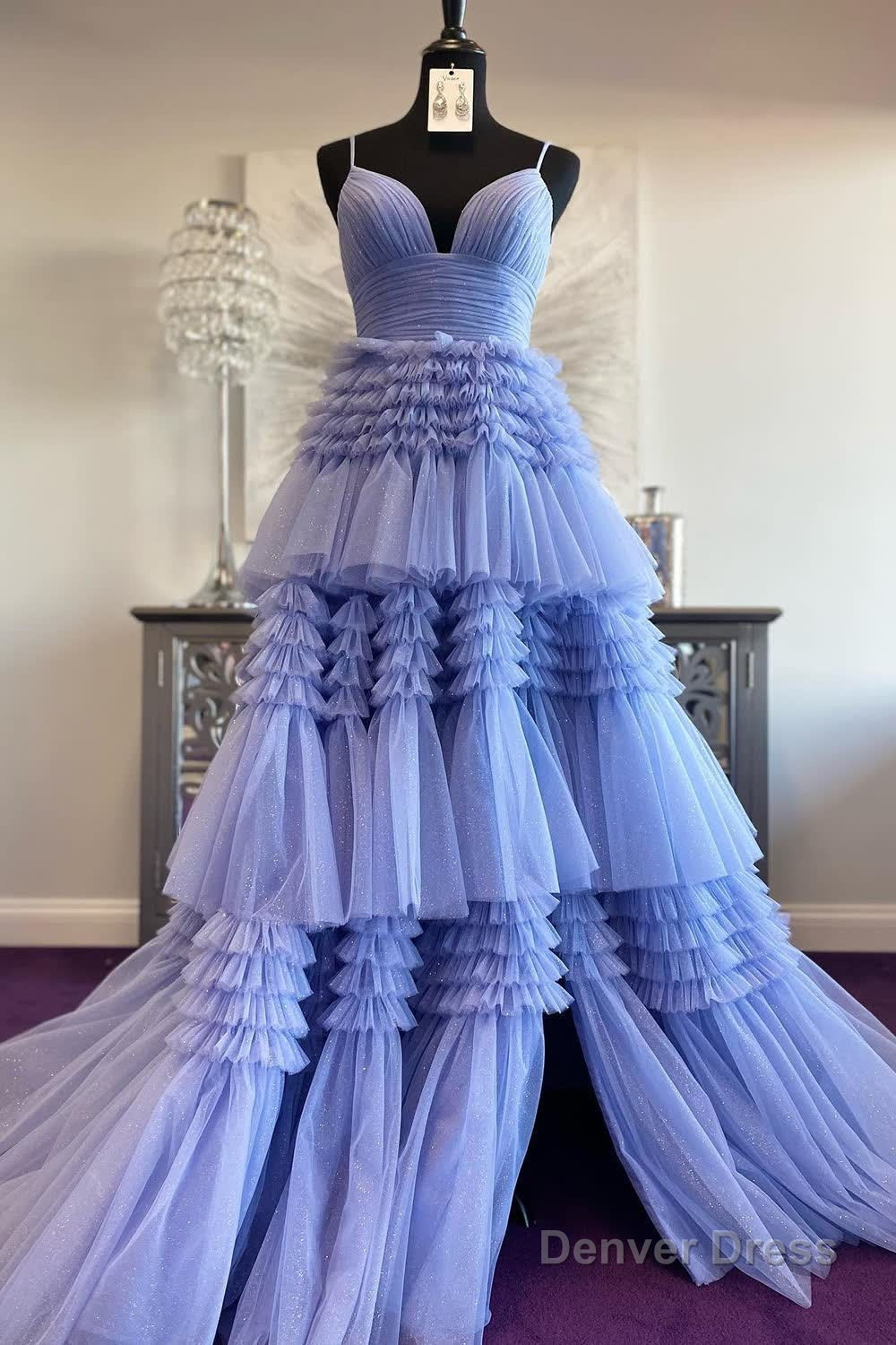 Beige Tulle Tiered Spaghetti Straps Long Prom Dresses with Slit