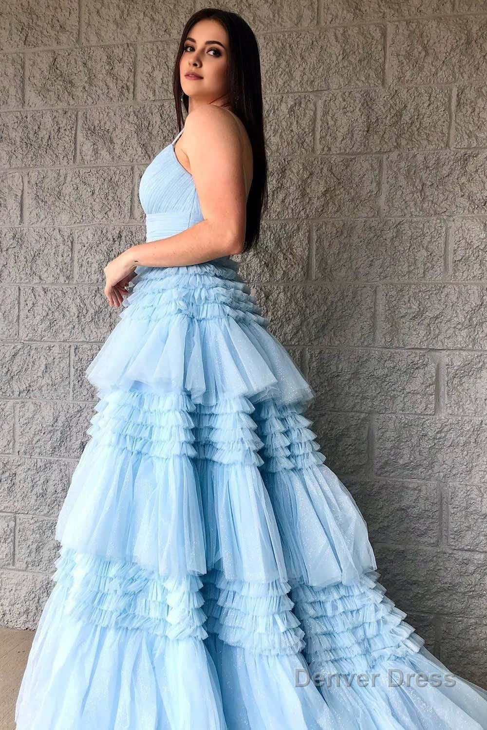 Beige Tulle Tiered Spaghetti Straps Long Prom Dresses with Slit