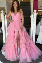 Beige Tulle Tiered Spaghetti Straps Long Prom Dresses with Slit