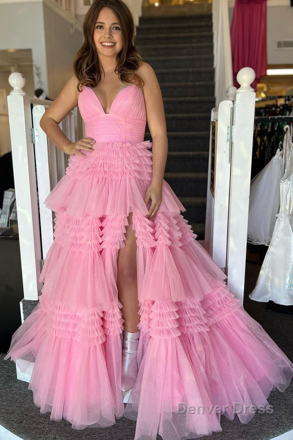 Beige Tulle Tiered Spaghetti Straps Long Prom Dresses with Slit