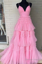 Beige Tulle Tiered Spaghetti Straps Long Prom Dresses with Slit