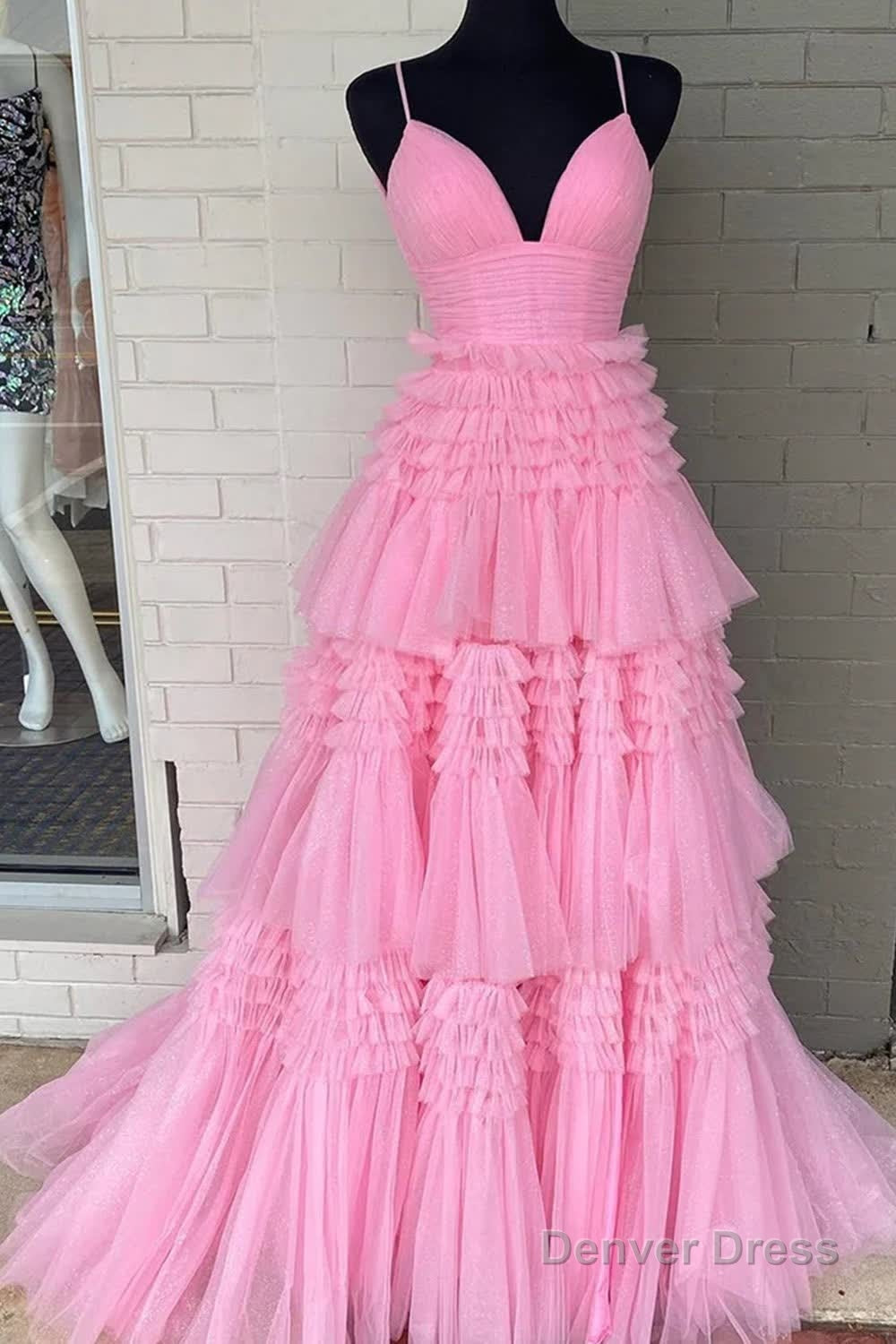 Beige Tulle Tiered Spaghetti Straps Long Prom Dresses with Slit
