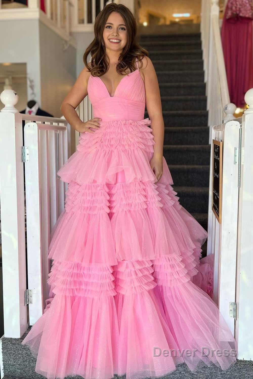 Beige Tulle Tiered Spaghetti Straps Long Prom Dresses with Slit