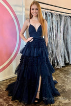 Beige Tulle Tiered Spaghetti Straps Long Prom Dresses with Slit