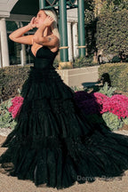 Beige Tulle Tiered Spaghetti Straps Long Prom Dresses with Slit