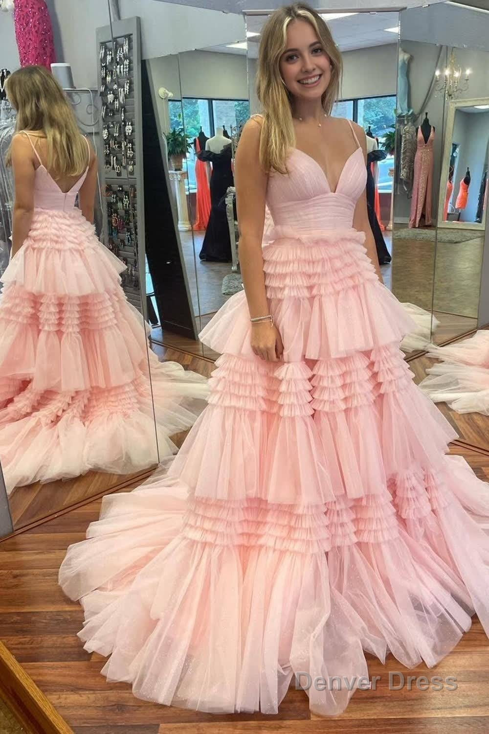 Beige Tulle Tiered Spaghetti Straps Long Prom Dresses with Slit