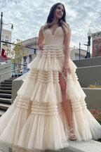 Beige Tulle Tiered Spaghetti Straps Long Prom Dresses with Slit