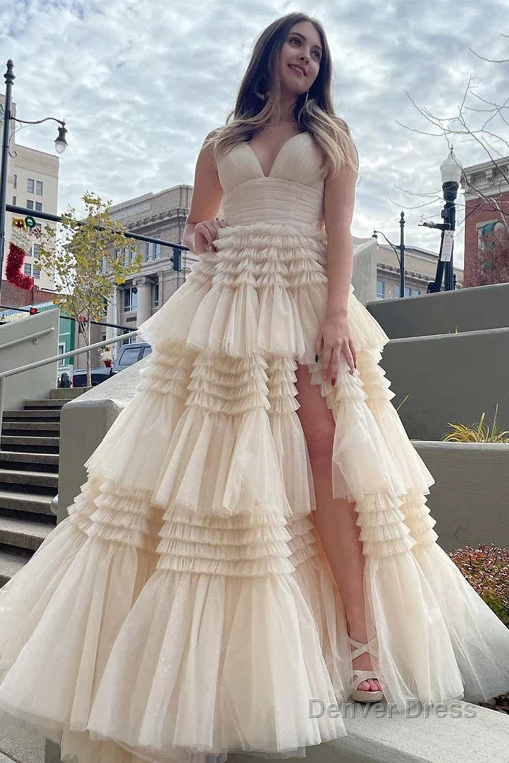 Beige Tulle Tiered Spaghetti Straps Long Prom Dresses with Slit