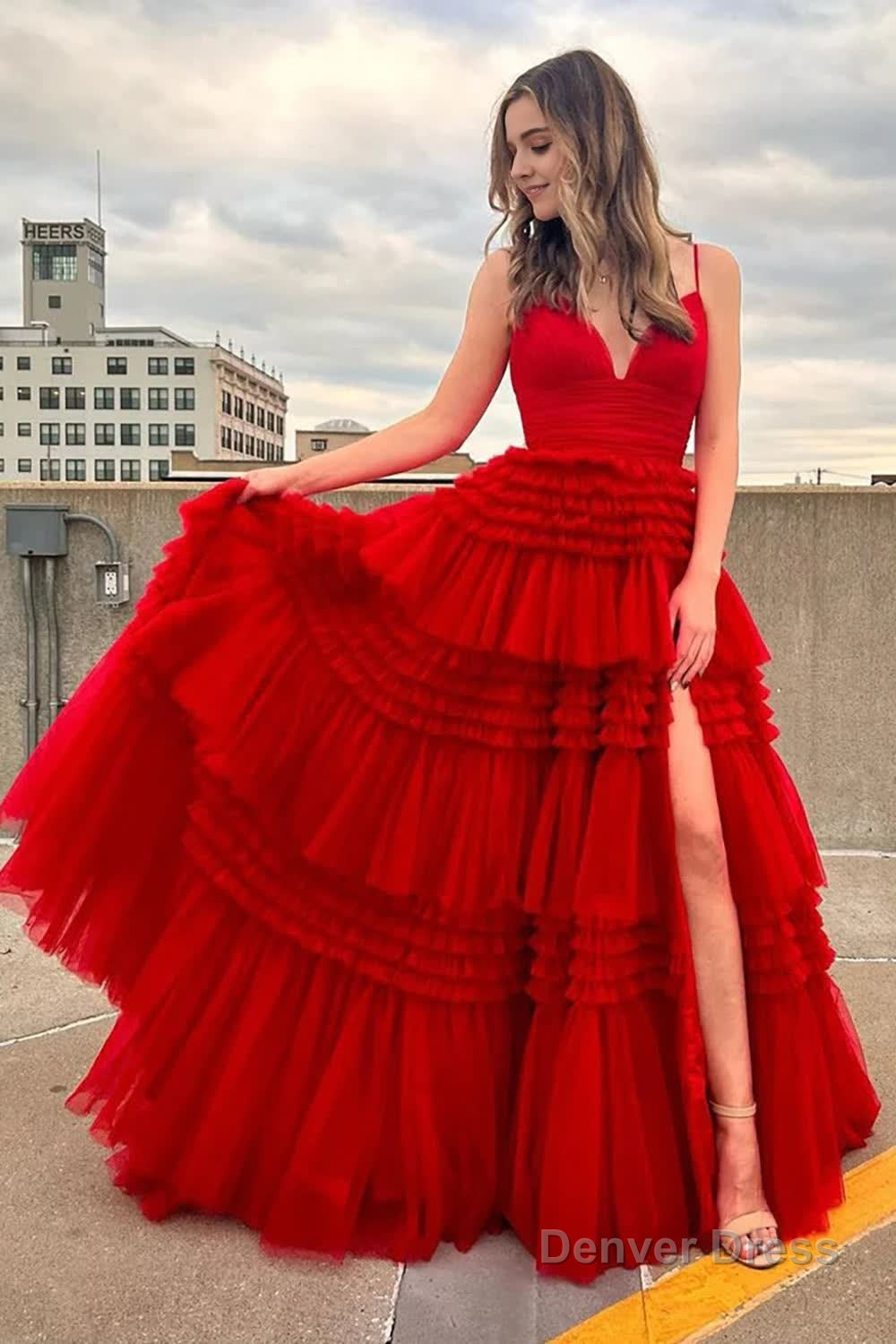 Beige Tulle Tiered Spaghetti Straps Long Prom Dresses with Slit