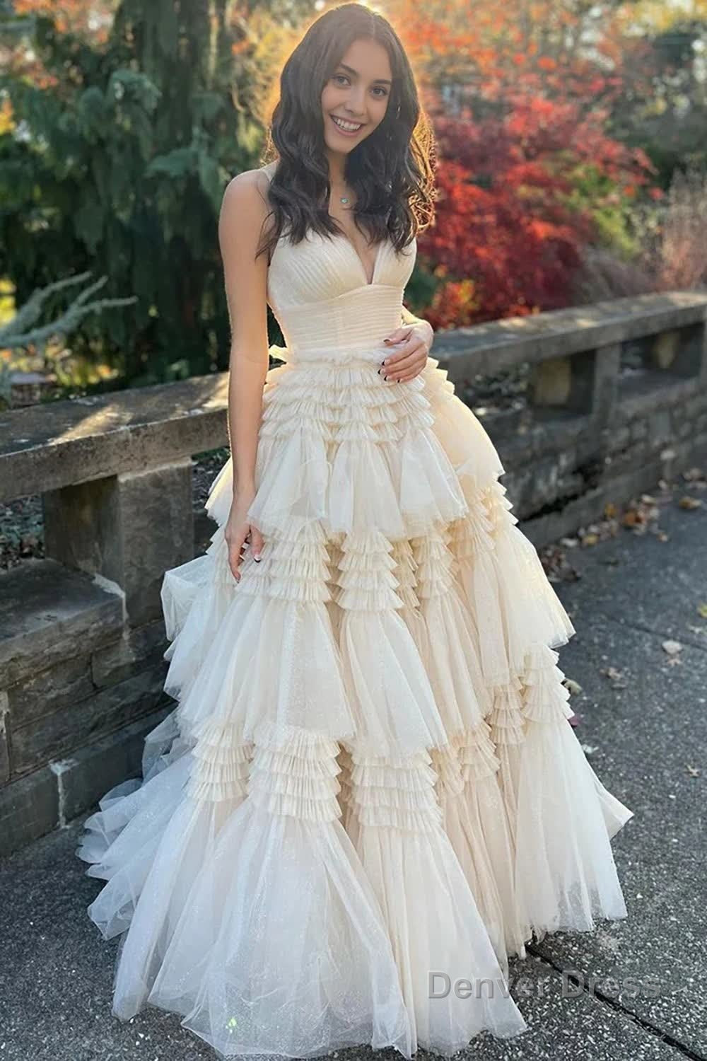 Beige Tulle Tiered Spaghetti Straps Long Prom Dresses with Slit