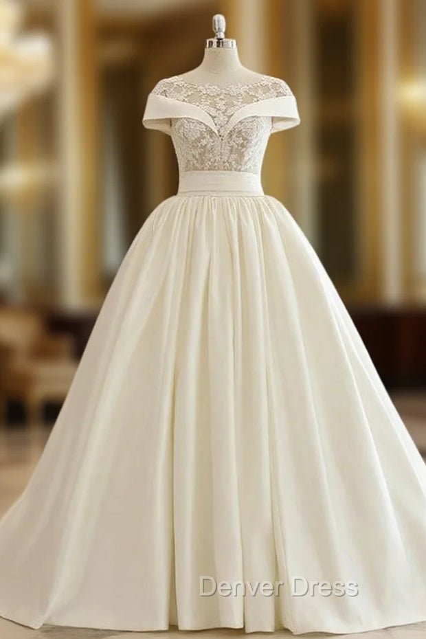 Beige White Ball Gowns Satin Appliques Bateau Neck Wedding Dresses