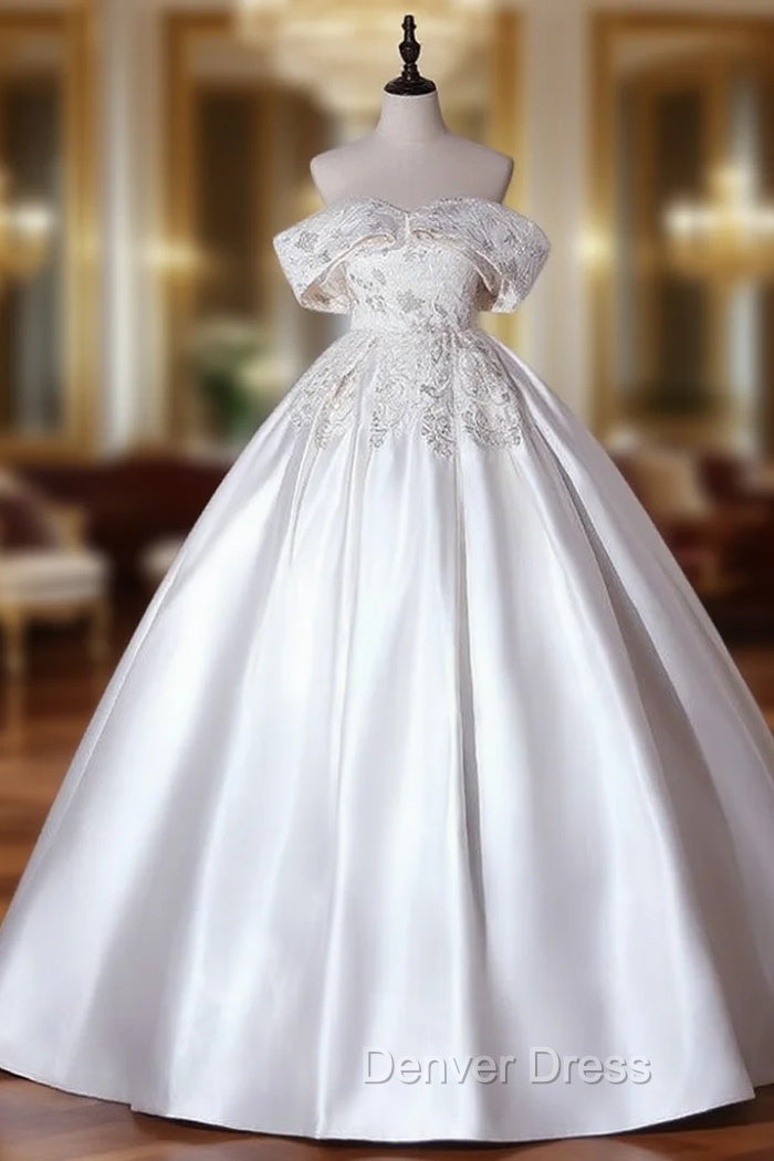Beige White Satin Off the Shoulder Embroidery Quinceanera Dresses Main image