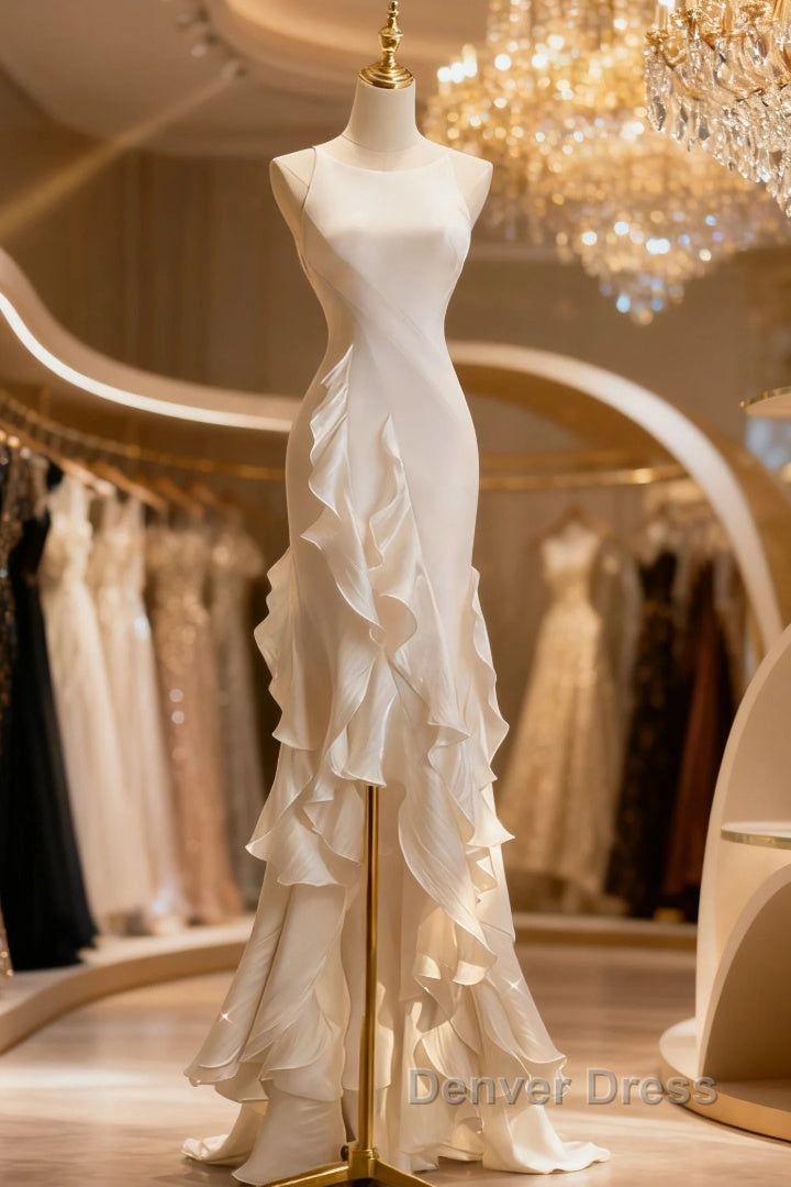 Beige White Sheath Halter Backless Wedding Dresses Main image