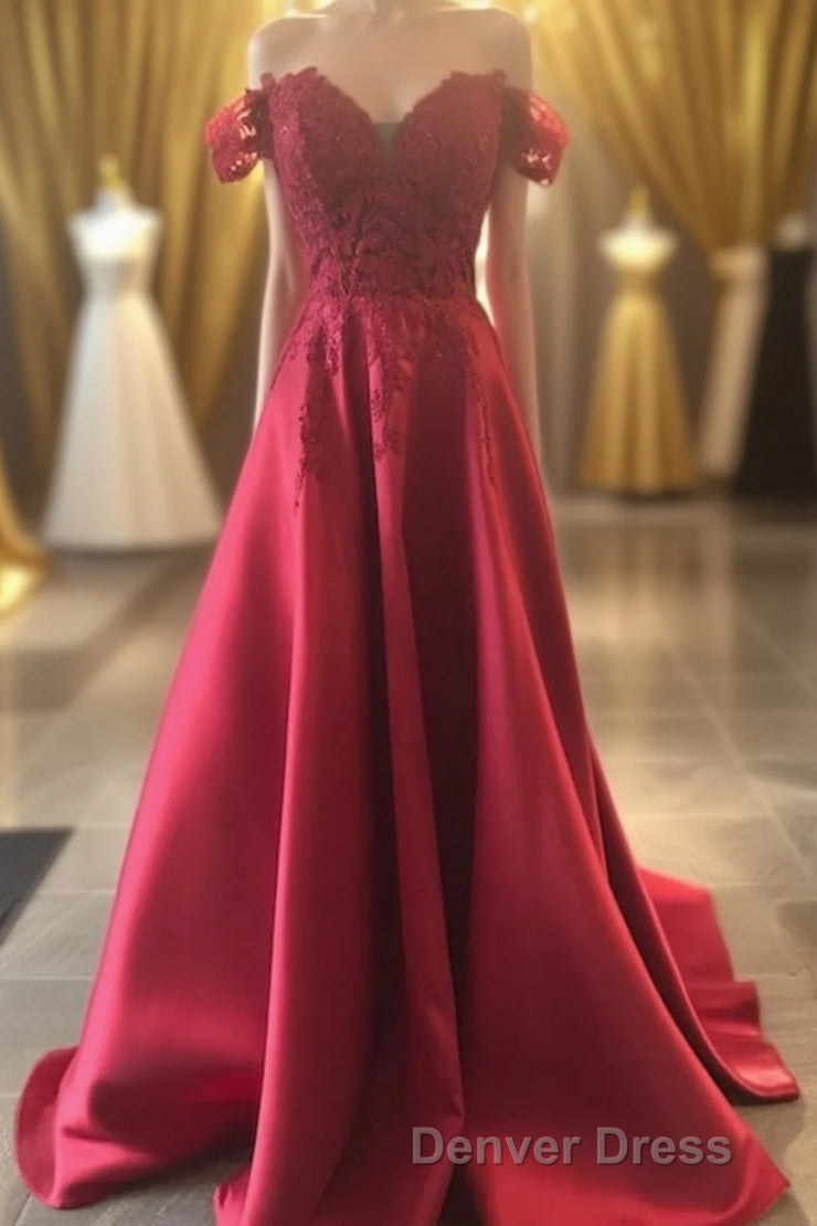 Hunter Green Lace Off-the-Shoulder A-Line Long Prom Dresses Main image