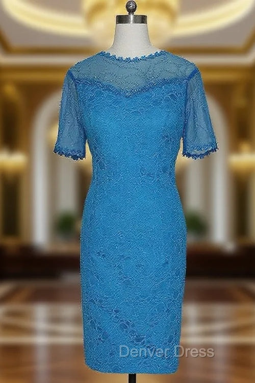 Best Blue Lace Short Prom Dress Short Sleeves Mother of the Bride Dresses