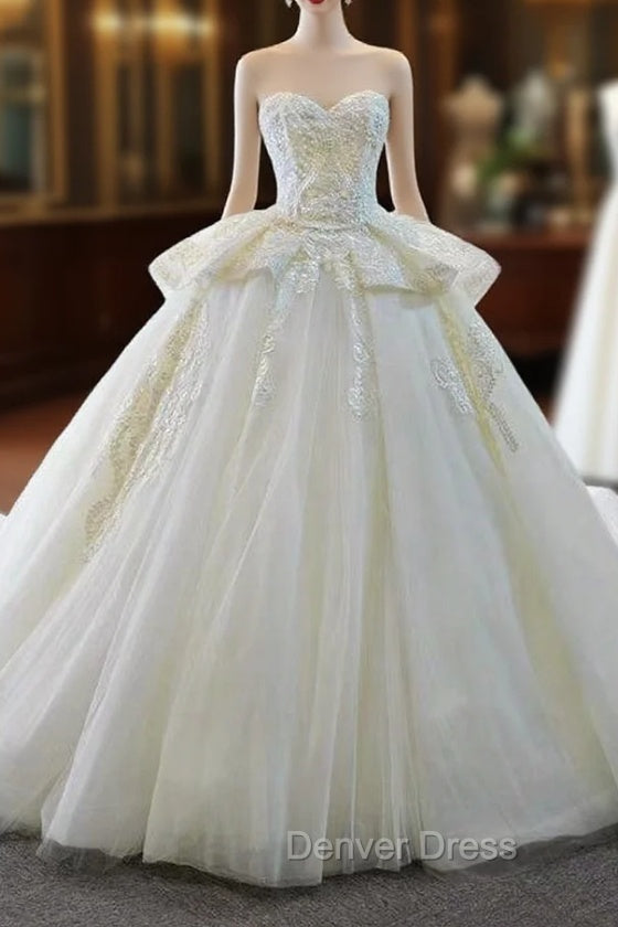 Best Discount And High Quality Ivory White Ball Gowns Tulle Appliques Sweetheart Wedding Dresses Main image