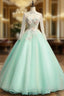 Best For You Green Ball Gown Tulle Long Sleeve Backless Appliques Quinceanera Dresses