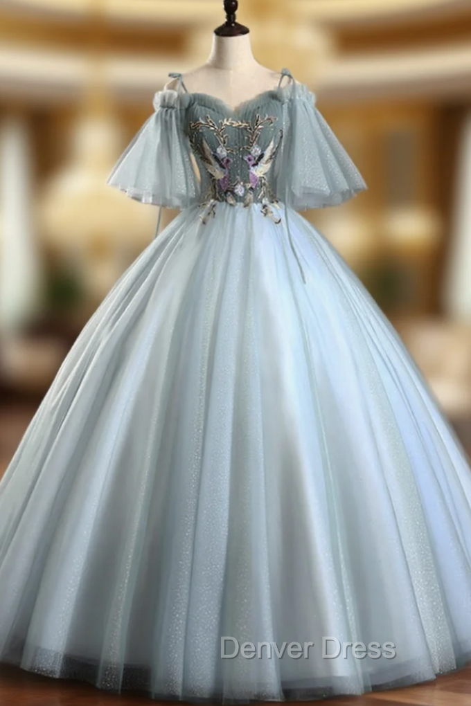 Best For You Light Blue Ball Gowns Tulle Spagehtti Straps Short Sleeve Quinceanera Dresses