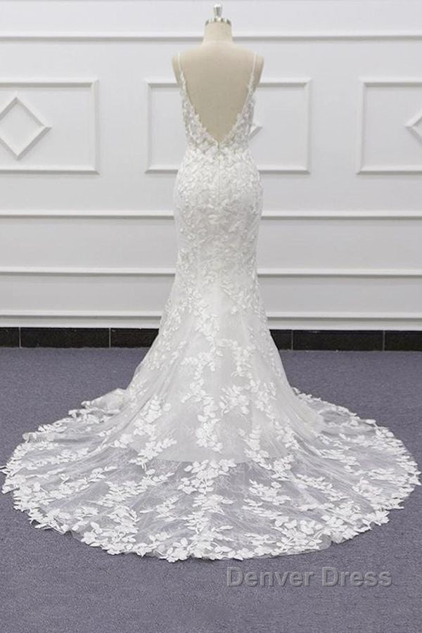 Best Long Mermaid Spaghetti Strap Appliques Lace Wedding Dresses Secondary image