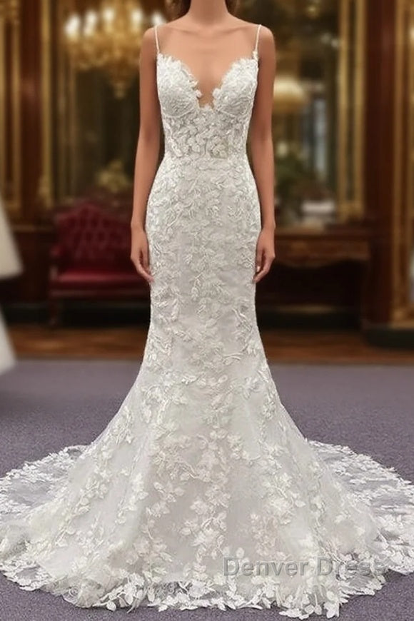Best Long Mermaid Spaghetti Strap Appliques Lace Wedding Dresses Main image
