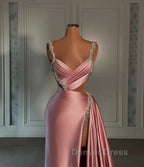 Glamorous Pink Prom Dresses Sweetheart Spaghetti Strap With High Slit Trail