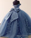 Big Bow Floral Flower Lace Applique Off Shoulder Ball Gowns Quinceanera Dresses